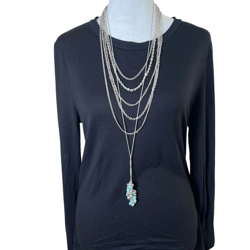 Silver Tone Layered Chain Necklace Long Turquoise Boho Elegant Dressy Draped 20s